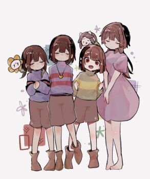 1girl 3others :d aliza_(horrortale) alternate_universe ankle_boots bare_legs barefoot bob_cut boots brown_boots brown_hair brown_shorts center-flap_bangs chara_(undertale) clenched_hands closed_eyes closed_mouth dot_mouth double-parted_bangs dress facing_viewer flower flowey_(undertale) frisk_(undertale) full_body gold_necklace green_sweater grey_background hair_between_eyes hands_up heart heart_necklace horrortale jewelry long_hair long_sleeves looking_at_viewer medium_dress multiple_others necklace nyopina222 open_mouth own_hands_together puffy_long_sleeves puffy_short_sleeves puffy_sleeves purple_dress purple_sweater red_eyes red_sweater short_hair short_sleeves shorts simple_background smile standing standing_on_one_leg star_(symbol) striped_clothes striped_sweater sweater temmie tongue turtleneck turtleneck_sweater two-tone_sweater u_u undertale utdr_(toby_fox) v_arms very_long_hair yellow_sweater