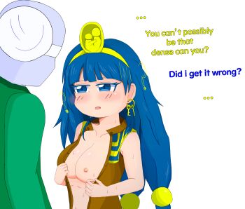 1boy 1girl absurdres artist_self-insert blue_eyes blue_hair blush breasts earrings fossilized_wonders highres jewelry long_hair looking_at_another michigami_nareko navel nipples open_clothes open_mouth solo sweat touhou xsmile