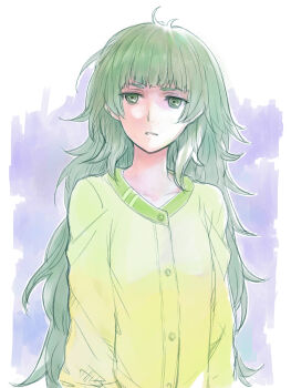 1girl ahoge blunt_bangs collarbone commentary_request flat_chest green_eyes green_hair green_trim highres hiyajou_maho jacket long_hair long_sleeves loungewear menomorute messy_hair open_mouth science_adventure shirt simple_background solo steins;gate steins;gate_0 thick_eyebrows upper_body very_long_hair