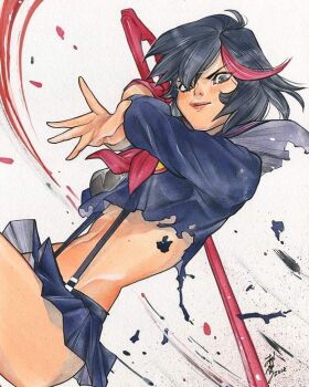 1girl artist_name black_hair black_serafuku black_shirt black_skirt breasts holding holding_sword holding_weapon kill_la_kill matoi_ryuuko medium_breasts midriff multicolored_hair navel peach_momoko red_ribbon ribbon school_uniform scissor_blade_(kill_la_kill) senketsu serafuku shirt signature skirt solo streaked_hair suspenders sword traditional_media underboob weapon