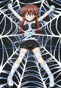 1girl ahoge angry armpits arms_up bare_shoulders black_dress blue_eyes blush boots breasts brown_hair captured dress embarrassed eyelashes facing_viewer female_focus full_body gagged gloves green_(pokemon) hair_between_eyes high_heel_boots high_heels highres knee_boots knees legs long_hair looking_at_viewer medium_breasts neck nintendo outstretched_arms pokemon pokemon_adventures restrained short_dress side_slit sidelocks silk sleeveless sleeveless_dress spider_web sunny-punch sweatdrop thighs tight_clothes tight_dress turtleneck turtleneck_dress v-shaped_eyebrows white_boots white_gloves
