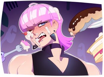 1boy absurdres black_shirt blue_eyes blush cake cherry clothing_cutout combos_&amp;_doodles earrings food food_on_face fork fruit highres jewelry male_focus one_eye_closed open_mouth panty_&amp;_stocking_with_garterbelt pink_hair polyurethane_(psg) shirt sleeveless sleeveless_shirt solo_focus teeth upper_teeth_only