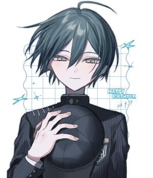 Rule 34 | 1boy, ahoge, black hair, black jacket, blush, brown eyes, buttons, closed mouth, collared jacket, commentary request, danganronpa (series), danganronpa v3: killing harmony, dated, double-breasted, eyelashes, hair between eyes, half-closed eyes, happy birthday, hat, highres, holding, holding unworn clothes, holding unworn hat, jacket, long sleeves, looking at viewer, male focus, pinstripe jacket, pinstripe pattern, ro ma ya su, saihara shuichi, short hair, smile, solo, striped clothes, striped jacket, unworn hat, unworn headwear, upper body, white background