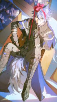 1boy absurdres animal_ear_fluff animal_ears black_boots black_capelet black_coat black_gloves black_pants black_ribbon blue_hair boots bow box capelet cardboard_box cat_boy cat_ears cat_tail character_doll closed_mouth coat collared_capelet commentary crossed_bangs doll english_commentary finger_to_mouth flins_(genshin_impact) genshin_impact gloves gradient_hair hair_between_eyes hair_bow hand_up highres in_box in_container index_finger_raised indoors knee_boots lace-up_boots long_hair looking_at_viewer male_focus moonya multicolored_hair pants purple_shirt red_bow ribbon shirt shushing sitting smile solo tail thigh_strap tile_floor tiles yellow_eyes