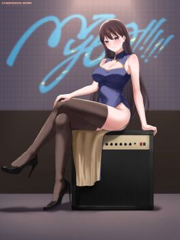 1girl alternate_costume bang_dream! bang_dream!_it&#039;s_mygo!!!!! black_eyes black_hair black_thighhighs blush breasts dress high_heels highres indoors large_breasts long_hair long_sleeves looking_at_viewer miyamu mygo!!!!!_logo_(bang_dream!) scenery shiina_taki sitting smile solo thighhighs