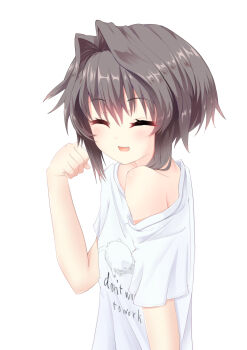 1girl 9-nine- :d ^_^ absurdres animal_print black_hair blush cat_print closed_eyes clothes_writing commentary english_text facing_viewer fang hair_between_eyes hair_intakes hair_over_shoulder hand_up happy highres official_alternate_costume open_mouth paw_pose print_shirt shirt short_hair_with_long_locks short_sleeves simple_background single_bare_shoulder smile solo t-shirt tatuo_labo white_background white_shirt yuuki_noa