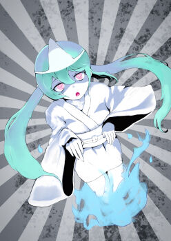 Rule 34 | absurdres, aqua hair, colored sclera, colored skin, ghost, grey sclera, hatsune miku, highres, japanese clothes, kimono, long hair, looking at viewer, low twintails, obake no ukenerai (vocaloid), obi, official alternate costume, pink eyes, right-over-left kimono, sash, shiroshouzoku, solo, triangular headpiece, twintails, user yjvr4353, very long hair, vocaloid, white kimono