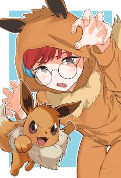 1girl alternate_costume animal_ears blue_hair blush commentary_request cosplay eevee eevee_(cosplay) eevee_ears eevee_tail fake_tail fangs fingernails gen_1_pokemon glasses grey_eyes highres hood hood_up hoodie long_sleeves looking_at_viewer multicolored_hair nintendo open_mouth penny_(pokemon) poke_kid_(pokemon) poke_kid_(pokemon)_(cosplay) pokemon pokemon_(creature) pokemon_sv red_hair round_eyewear sixstingrays sweat tail two-tone_hair