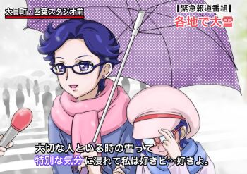 2girls blush chocokin couple covering_face davi_(dokidoki!_precure) db_(dokidoki!_precure) dokidoki!_precure glasses hat interview kenzaki_makoto meme microphone multiple_girls open_mouth parody precure purple_eyes purple_hair scarf short_hair smile snow snowing special_feeling_(meme) umbrella winter_clothes yuri