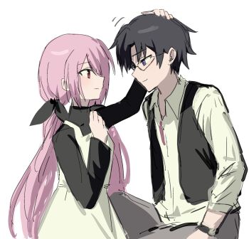 Rule 34 | 1boy, 1girl, black hair, black shirt, black vest, blush, casual, chaos;child, dress, dress shirt, glasses, hashtag-only commentary, headpat, hetero, highres, long hair, long sleeves, minamisawa senri, miyashiro takuru, open clothes, open collar, open vest, pinafore dress, pink hair, ribbon, science adventure, shirt, short hair, simple background, sleeveless, sleeveless dress, smile, turtleneck, turtleneck shirt, vest, w1sd8396453, watch, white background, wristwatch