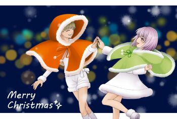 Rule 34 | 2girls, alternate costume, blonde hair, capelet, christmas, closed eyes, commentary request, dress, eyelashes, fur-trimmed capelet, fur trim, green capelet, highres, hiko13019981, hood, hood down, hood up, hooded capelet, huang pao-lin, lara tchaikoskaya, long sleeves, merry christmas, multiple girls, open mouth, orange capelet, pom pom (clothes), purple eyes, purple hair, shirt, shoes, short hair, shorts, smile, socks, teeth, tiger &amp; bunny, very short hair, white dress, white shirt, white shoes, white shorts, white socks, yuri