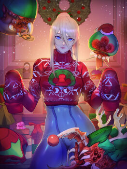 absurdres blob blonde_hair blue_eyes bodysuit christmas christmas_ornaments christmas_sweater highres lips long_hair long_sleeves metroid metroid_(creature) metroid_larva mole mole_under_mouth nintendo ponytail samus_aran skin_tight sleeves_past_wrists xuuikie_ashe zero_suit
