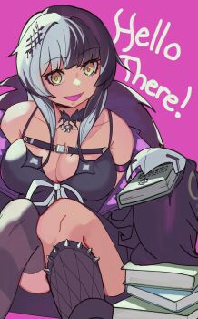 1girl :d absurdres arm_strap asymmetrical_legwear black_choker black_coat black_dress black_hair black_socks black_thighhighs book book_stack breast_strap breasts choker cleavage coat commentary dated_commentary dress english_text fangs fishnet_socks fishnets fur-trimmed_coat fur_trim grey_hair highres hololive hololive_english kneehighs knees_together_feet_apart large_breasts long_hair mismatched_legwear multicolored_hair novelites_(shiori_novella) open_mouth pinepizza pink_background shiori_novella shiori_novella_(1st_costume) short_dress simple_background single_kneehigh single_sock single_thighhigh sitting sleeveless sleeveless_dress smile socks solo split-color_hair striped_clothes striped_thighhighs thighhighs virtual_youtuber yellow_eyes