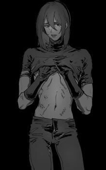 1boy absurdres aged_down ahoge black_background clothes_lift cowboy_shot denim furrowed_brow gloves greyscale groin hair_between_eyes hands_on_own_chest highres hip_bones hypnosis_mic jeans jinguji_jakurai jitome looking_at_viewer male_focus medium_hair midriff monochrome pants parted_lips ribs scar scar_on_arm scar_on_stomach shirt_lift skinny solo straight_hair turtleneck x09cc