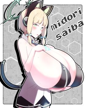 1girl alternate_breast_size_(larger) animal_ears blonde_hair blue_archive border breasts bursting_breasts cat_ears cat_tail character_name female_focus green_eyes green_necktie grey_background halo headphones huge_breasts kuyu730 looking_at_viewer midori_(blue_archive) necktie pale_skin shiny_skin solo standing tail white_border