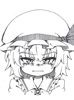 1girl absurdres brooch closed_mouth collared_shirt commentary_request frilled_shirt_collar frills greyscale hat hat_ribbon highres jewelry medium_hair mob_cap monochrome oninamako portrait remilia_scarlet ribbon sad shirt solo tearing_up touhou wavy_mouth