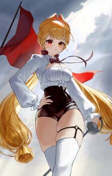 1girl absurdres alice_thymefield alternate_costume animal_ear_fluff animal_ears black_shorts blonde_hair bow bowtie breasts center_frills cleavage closed_mouth cloud cloudy_sky cowboy_shot frills hair_ribbon hand_on_own_hip heterochromia high-waist_shorts highres large_breasts long_hair looking_at_viewer low_twintails puffy_sleeves rabbit_ears rabbit_girl red_bow red_bowtie red_eyes red_flag red_ribbon ribbon shirt shirt_tucked_in shorts skindentation sky solo thigh_strap thighhighs twintails white_shirt white_thighhighs yamisroot yellow_eyes zenless_zone_zero