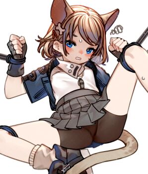 Rule 34 | 1girl, almond (arknights), animal ears, arknights, bike shorts, black gloves, black shorts, blue eyes, blue jacket, blush, bound, cropped jacket, dog ears, dog girl, dog tail, fingerless gloves, gloves, highres, jacket, kochiya (gothope), lying, on back, open clothes, open jacket, pleated skirt, shirt, short sleeves, shorts, simple background, skirt, solo, spread legs, tail, white background, white shirt