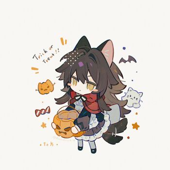 1girl :&lt; animal_ears apron black_dress black_shoes blush_stickers brown_hair chibi chibi_only closed_mouth dog_ears dog_girl dog_tail double-parted_bangs dress frilled_dress frills full_body hair_between_eyes halloween halloween_bucket highres holding kanae_(cookie) long_hair long_sleeves original shoes simple_background socks solo standing tail trick_or_treat twitter_username white_apron white_background white_socks yellow_eyes