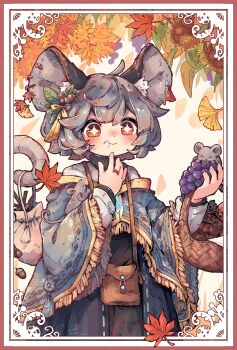 +_+ 1girl acorn animal_ears autumn_leaves basket blue_capelet blush border capelet dress earrings eating food fruit grapes grey_capelet grey_hair highres holding holding_with_tail jewelry leaf long_sleeves mame_komari mouse_(animal) mouse_ears mouse_girl mouse_tail mushroom nazrin outside_border pendant prehensile_tail red_eyes ring shirt short_eyebrows short_hair skirt smile solo tail thick_eyebrows touhou turtleneck undefined_fantastic_object white_background