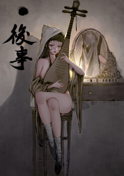 1girl absurdres bandaged_leg bandages black_footwear black_hair breasts chinese_text crossed_legs full_body highres holding holding_instrument instrument large_breasts long_hair looking_at_viewer lute_(instrument) makeup mirror mumuy original red_lips sitting solo stool