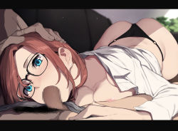 1boy 1girl ass black_panties black_thighhighs blue_eyes blurry blurry_background blush breast_press breasts brown_hair censored collared_shirt dress_shirt earrings erection face_in_crotch fellatio grey_male_underwear hand_on_another&#039;s_head hetero highres indoors irrumatio jewelry letterboxed long_sleeves lying male_pubic_hair male_underwear male_underwear_pull medium_breasts mosaic_censoring nagioka nipples no_bra no_pants on_back open_clothes open_mouth open_shirt oral original panties penis pov pubic_hair shirt solo_focus thighhighs underwear white_shirt