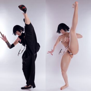 anal anal_object_insertion asagikawaii asian barefoot black_hair bleach breasts closed_mouth cosplay cosplay_photo detached_sleeves japanese_clothes leg_up lips looking_at_viewer maebari medium_hair nipple_pasties nude object_insertion paid_reward_available photo_(medium) pussy shihakusho shikai simple_background small_breasts sui-feng sui-feng_(cosplay) suzumebachi_(shikai) thighs vietnamese