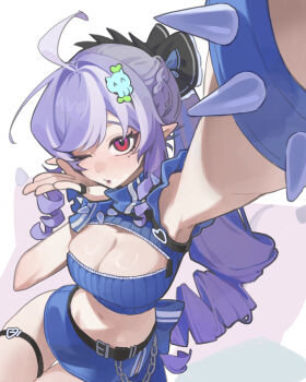 1girl absurdres ahoge alternate_costume armpits belted_skirt blowing_kiss blue_skirt bracelet breast_zipper breasts chain commentary_request cowboy_shot crop_top drill_hair highres jewelry large_breasts long_hair looking_at_viewer microskirt midriff navel one_eye_closed pillow pointy_ears purple_hair red_eyes ring roo_boo selfie skirt solo spiked_bracelet spikes thigh_strap vivian_banshee white_background zenless_zone_zero zipper zipper_pull_tab