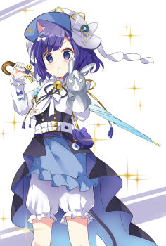 1girl absurdres animal_ears bag bell belt belt_buckle bloomers blue_bow blue_eyes blue_hair blue_skirt blue_umbrella blush bow buckle cat_ears child closed_mouth closed_umbrella commentary_request feet_out_of_frame frilled_skirt frills fuiba_fuyu gochuumon_wa_usagi_desu_ka? hair_bow hand_puppet hat highres holding holding_umbrella jingle_bell kemonomimi_mode long_sleeves newsboy_cap puffy_long_sleeves puffy_sleeves puppet shirt shoulder_bag skirt solo sparkle standing stick_jitb umbrella underwear white_background white_belt white_bloomers white_bow white_hat white_shirt wild_geese