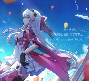 Rule 34 | 0roshioji3ran, 1girl, balloon, black gloves, blue sky, bow, breasts, carlotta (wuthering waves), commentary request, day, dress, earrings, from side, gloves, gun, hair bow, holding, holding gun, holding weapon, jacket, jewelry, long hair, medium breasts, pink bow, pink jacket, pink thighhighs, sky, solo, striped bow, thighhighs, thighs, very long hair, weapon, white dress, white hair, wuthering waves