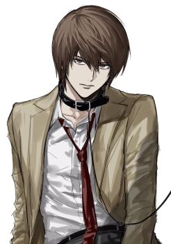 1boy belt black_belt brown_eyes brown_hair brown_pants collared_shirt death_note hair_between_eyes highres leash looking_at_viewer loose_necktie male_focus necktie pants red_necktie shirt short_hair simple_background solo sso_s white_background white_shirt yagami_light