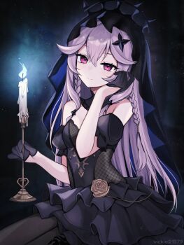 1girl bare_shoulders black_bonnet black_dress black_pantyhose black_veil bonnet breasts candlestand closed_mouth commentary_request cowboy_shot dress epic_seven fire frilled_bonnet frills gloves grey_hair hair_between_eyes half_gloves head_tilt highres holding holding_candlestand looking_at_viewer pantyhose short_dress sinful_angelica_(epic_seven) sitting small_breasts solo strapless strapless_dress veil vickie_(cryingrobot)