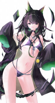 Rule 34 | 1girl, :d, absurdres, ahoge, arknights, bikini, black bikini, black hair, black jacket, breasts, cleavage, commentary, cowboy shot, crystal, gluteal fold, green eyes, groin, highres, horns, jacket, long hair, looking at viewer, medium breasts, minseong jo, mon3tr (arknights), multi-strapped bikini bottom, navel, open clothes, open jacket, open mouth, simple background, sleeves past fingers, sleeves past wrists, smile, solo, swimsuit, tail, thighs, white background