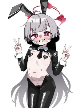 1girl ahoge alternate_costume animal_ears bandaid black_necktie black_pantyhose blue_archive blush cowboy_shot double_v fake_animal_ears flat_chest gauze grey_hair grin halo heart_maebari heart_pasties loli long_hair long_sleeves looking_at_viewer maebari navel necktie pantyhose pasties playboy_bunny rabbit_ears red_eyes red_halo reverse_bunnysuit reverse_outfit saewoocho_bab short_necktie shrug_(clothing) shuro_(blue_archive) simple_background smile solo sweat v very_long_hair white_background