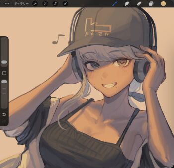 1girl alternate_costume art_program_in_frame bare_shoulders black_bow black_camisole black_hat blonde_hair bow breasts camisole chinese_commentary collarbone commentary_request grey_eyes grin hair_bow hands_on_headphones hands_up hat headphones highres jacket jacket_partially_removed kawana_tsubasa long_hair looking_at_viewer medium_breasts musical_note ponytail smile solo the_hundred_line_-last_defense_academy- umeumeumestar upper_body