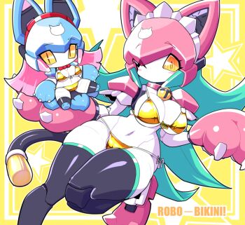 1girl android animal_ears animal_hands bell bikini black_thighhighs breasts brown_eyes cat_ears cat_tail character_doll claws cleavage collar commentary_request doll fake_animal_ears fake_tail gloves gold_bikini green_hair helmet jingle_bell joints leg_up long_hair navel neck_bell no_mouth nollety one_eye_closed original paw_gloves pink_gloves pink_hair pink_helmet pink_shoes robot_girl robot_joints shoes side-tie_bikini_bottom standing standing_on_one_leg stomach swimsuit tail thighhighs thighs