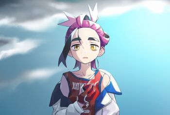 1boy black_hair blue_sky cloud cloudy_sky gloves hashtag-only_commentary highres holding holding_poke_ball jacket kieran_(pokemon) looking_at_viewer male_focus mole mole_on_neck multicolored_hair nekoniko777 nintendo off_shoulder open_clothes open_jacket parted_lips partially_fingerless_gloves poke_ball pokemon pokemon_sv purple_hair red_gloves red_tank_top sky solo solo_focus sweat tank_top upper_body white_jacket