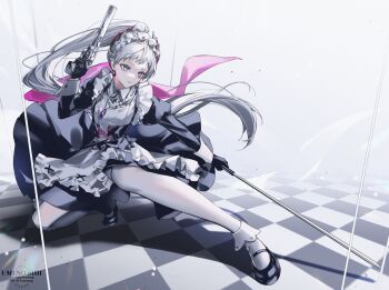 1girl alternate_costume ambience_synesthesia apron arknights black_dress black_gloves black_shoes checkered_floor commentary_request dress enmaided feather_hair frilled_apron frills full_body gloves grey_hair gun highres holding holding_gun holding_sword holding_weapon irene_(arknights) irene_(voyage_of_feathers)_(arknights) long_hair looking_to_the_side lunge maid mary_janes official_alternate_costume pantyhose ponytail scar scar_across_eye scar_on_face shoes simple_background solo sword umeno_shii very_long_hair watermark weapon white_apron white_background white_pantyhose
