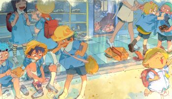 3girls 6+boys ^_^ absurdres afro aged_down backpack bag brook_(one_piece) child closed_eyes curly_eyebrows franky_(one_piece) goggles goggles_on_head green_hair hashtag-only_commentary hat highres jinbe_(one_piece) long_nose monkey_d._luffy multiple_boys multiple_girls nami_(one_piece) nico_robin one_piece roronoa_zoro sanji_(one_piece) satchel school_bag shoes siyangou49 sneakers socks straw_hat straw_hat_pirates tony_tony_chopper usopp yellow_hat