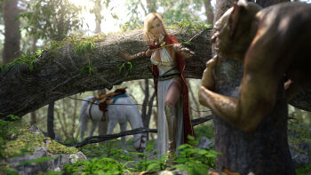 1girl 3d a-roll breasts cape cleavage cleavage_cutout clothing_cutout dress fantasy forest highres horse lips long_hair nature original outdoors princess tree valentine