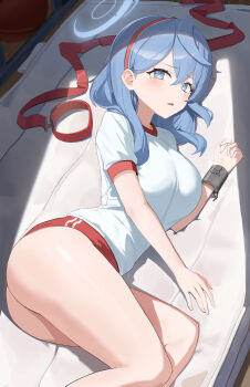 1girl absurdres ako_(blue_archive) ass blue_archive blue_eyes blue_hair blue_halo blush buruma commentary cuffs dust_bunny_(dtky5772) hair_between_eyes hairband halo highres long_hair lying on_side open_mouth red_buruma red_hairband shackles shirt solo t-shirt white_shirt