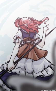 Rule 34 | 1girl, absurdres, blurry, coin, commentary request, dated, depth of field, from behind, hair bobbles, hair ornament, highres, holding, holding scythe, medium hair, one-hour drawing challenge, onozuka komachi, red hair, sash, scythe, short sleeves, simple background, solo, touhou, two side up, ve1024, white background