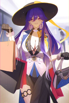 Rule 34 | 1girl, absurdres, bag, black dress, black gloves, black hat, bracelet, breasts, cleavage, dress, earrings, gloves, hair between eyes, hat, highres, holding, holding bag, jacket, jewelry, large breasts, long hair, looking at viewer, lucilla (wuthering waves), mole, mole under eye, no bra, painterly, parted lips, purple hair, shopping, shopping bag, smile, solo, teeth, thighlet, tsushironesae, white jacket, wuthering waves