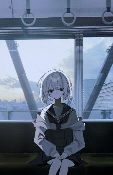 1girl bag black_skirt blank_stare closed_mouth expressionless film_grain highres original sailor_collar sailor_shirt scenery school_bag shirt si_(wooupp) sitting skirt solo train_interior