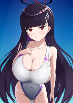 1girl black_hair black_halo blue_archive blunt_bangs breasts cleavage competition_swimsuit cowboy_shot hair_ornament hairclip halo hand_on_own_chest highleg highleg_one-piece_swimsuit highres kinasan large_breasts long_hair one-piece_swimsuit red_eyes rio_(blue_archive) solo swimsuit white_one-piece_swimsuit