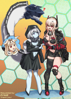 3girls :d arm_behind_back backpack bag bikini bikini_under_clothes black_bikini black_coat black_jacket blonde_hair blue_skin boots breasts coat colored_skin commentary commission confused crossover curious english_commentary fangs full_body girls'_frontline girls'_frontline_2:_exilium hair_ornament hairclip hand_on_another's_shoulder hands_up headgear heart heart_hands heart_hands_duo highres hood hood_up jacket kantai_collection knee_pads long_hair looking_at_another looking_at_viewer m4_sopmod_ii_(girls'_frontline) medium_breasts medium_hair multicolored_hair multiple_girls navel o-ring o-ring_bikini o-ring_top open_clothes open_jacket open_mouth pixiv_commission purple_eyes re-class_battleship red_eyes red_hair rigging scarf single_bare_leg single_thighhigh smile soppo_(girls'_frontline_2) standing stomach streaked_hair substance20 swimsuit tail thighhighs thighs unzipped very_long_hair white_hair yuudachi_(kancolle) yuudachi_kai_ni_(kancolle)
