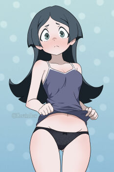 1girl barbara_parker black_hair black_panties blue_eyes blue_shirt blush cameltoe closed_mouth clothes_lift collarbone harukadew highres little_witch_academia long_hair looking_at_viewer navel panties shirt shirt_lift signature solo underwear