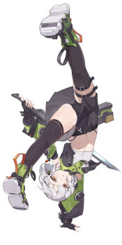 1girl absurdres anby_demara berserker_r bike_shorts black_gloves black_shorts black_skirt black_thighhighs blush commentary_request crop_top detached_sleeves fingerless_gloves full_body gloves green_eyes handstand highres holding holding_sword holding_weapon looking_at_viewer midriff navel one_arm_handstand open_mouth puffy_sleeves short_hair shorts simple_background skirt solo sword thighhighs thighs two-tone_footwear weapon white_background white_hair zenless_zone_zero
