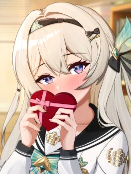 Rule 34 | 1girl, absurdres, aqua bow, aqua bowtie, black hairband, black sailor collar, blue pupils, blurry, blurry background, blush, bow, bowtie, box, commentary request, covering own mouth, firefly (honkai: star rail), firefly (spring missive) (honkai: star rail), grey hair, hair between eyes, hair bow, hair ornament, hairband, hairclip, hands up, heart-shaped box, highres, holding, holding box, honkai: star rail, honkai (series), indoors, klashikari, long sleeves, looking at viewer, official alternate costume, portrait, purple eyes, sailor collar, school uniform, serafuku, solo, valentine