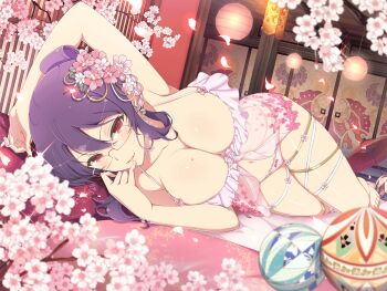 1girl armpits babydoll ball breasts cherry_blossoms finger_to_mouth glasses highres lantern large_breasts lingerie lying midriff mole mole_on_breast nail_polish navel official_art on_side senran_kagura senran_kagura_new_link sliding_doors rin_(senran_kagura) temari_ball thigh_strap underwear yaegashi_nan